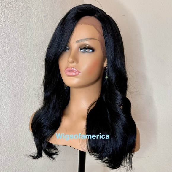 Black wig lace from side part medium length 16 inches long Heat ok main image 4